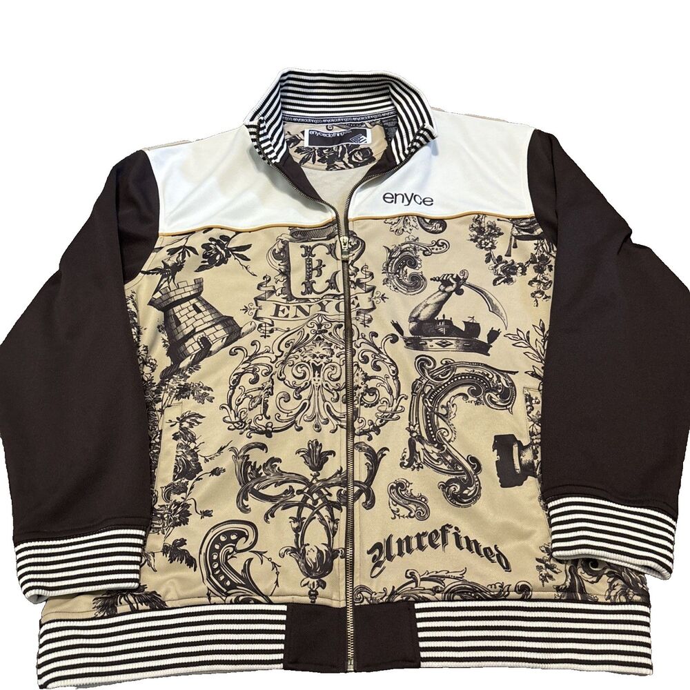 Vintage ENYCE 90's Hip-Hop White & Brown Full Zip Logo JACKET Men's XXL